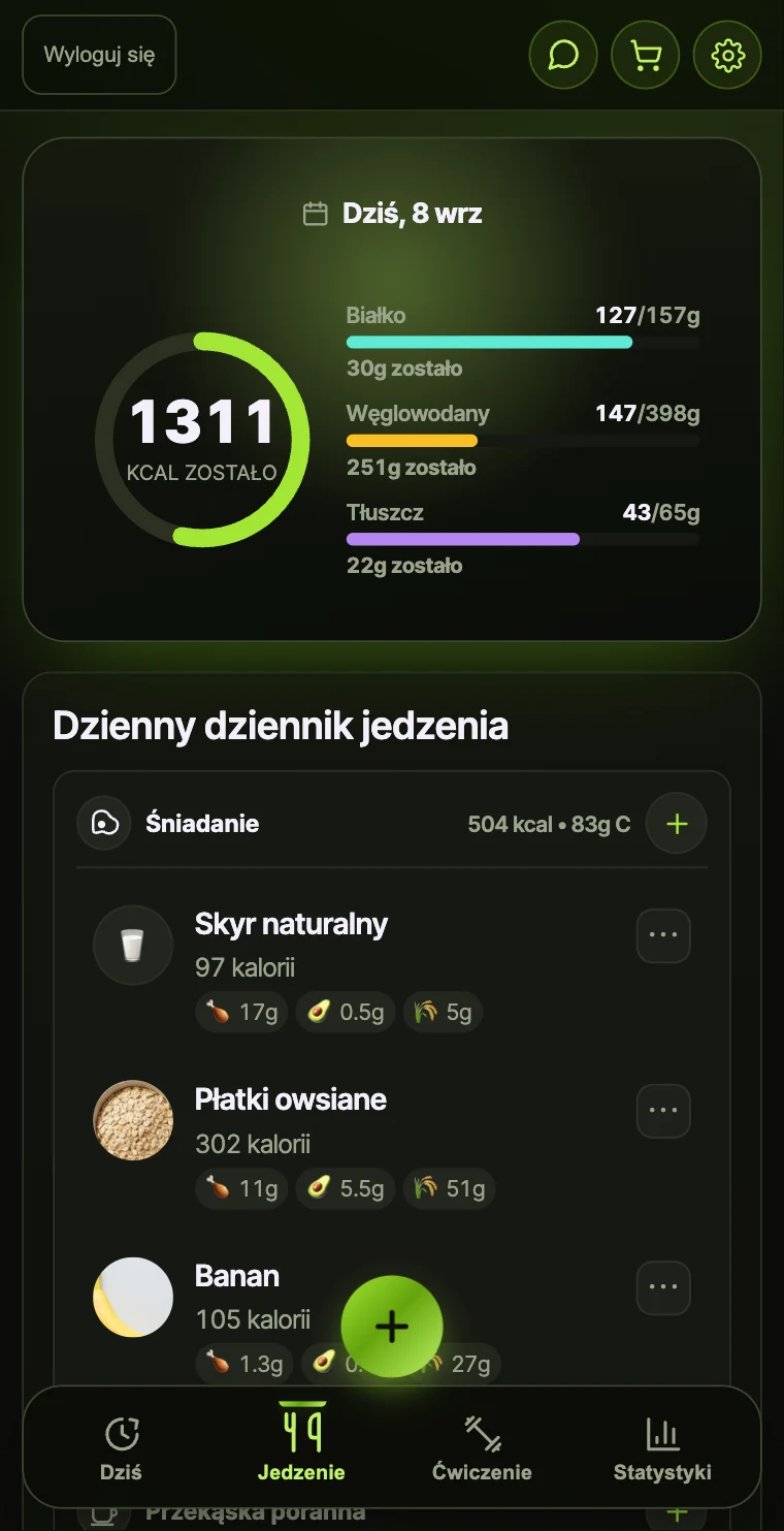 The Food tab of FitnessMaxxing, showing the day's date, a ring reading 1311 kcal left, progress bars for 127 of 157 g protein, 147 of 398 g carbohydrate and 43 of 65 g fat with the grams still to go, and a daily food log with a breakfast group totalling 504 kcal.