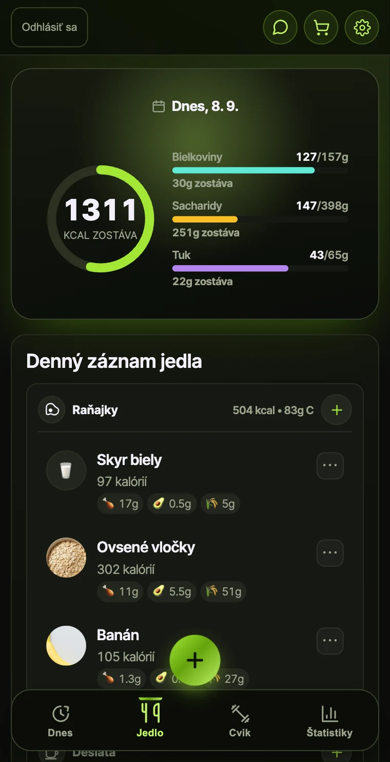 The Food tab of FitnessMaxxing, showing the day's date, a ring reading 1311 kcal left, progress bars for 127 of 157 g protein, 147 of 398 g carbohydrate and 43 of 65 g fat with the grams still to go, and a daily food log with a breakfast group totalling 504 kcal.