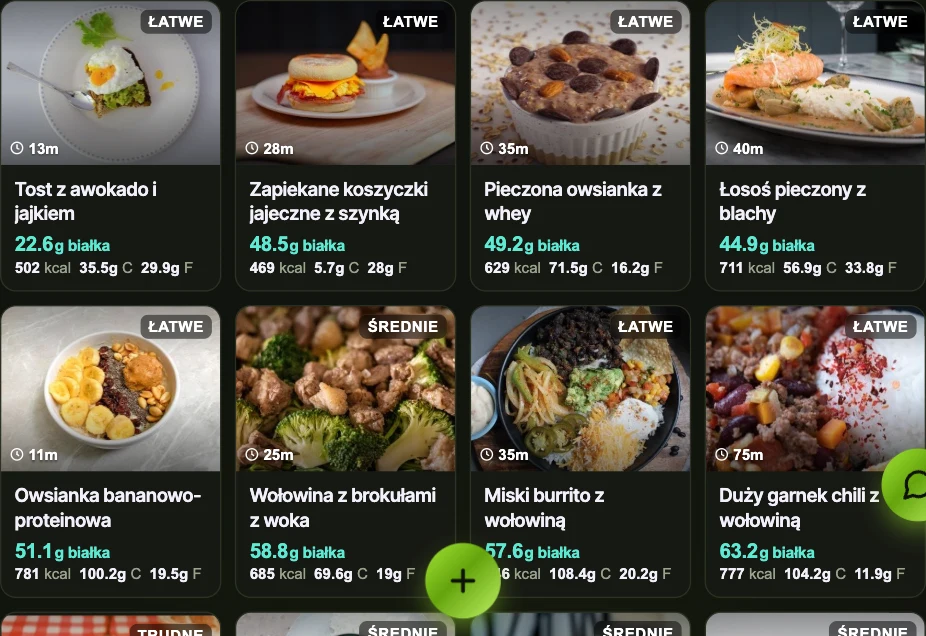 The recipe library inside the Food tab: a grid of recipe cards, each with a photograph of the dish, a difficulty badge, its calories, protein and macros, and the preparation time.