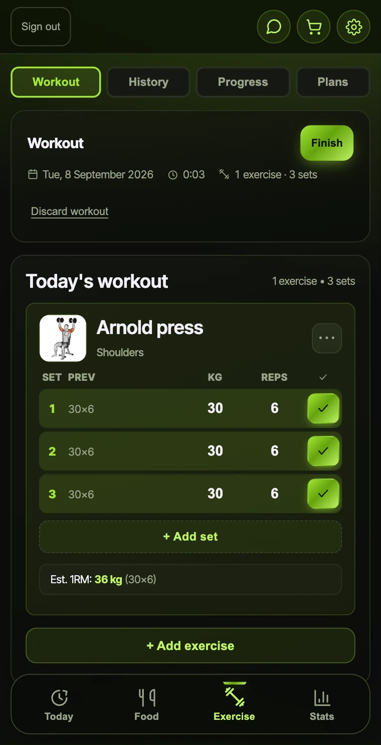 Behind it, a second phone showing the Exercise tab mid-workout, with an Arnold press logged.